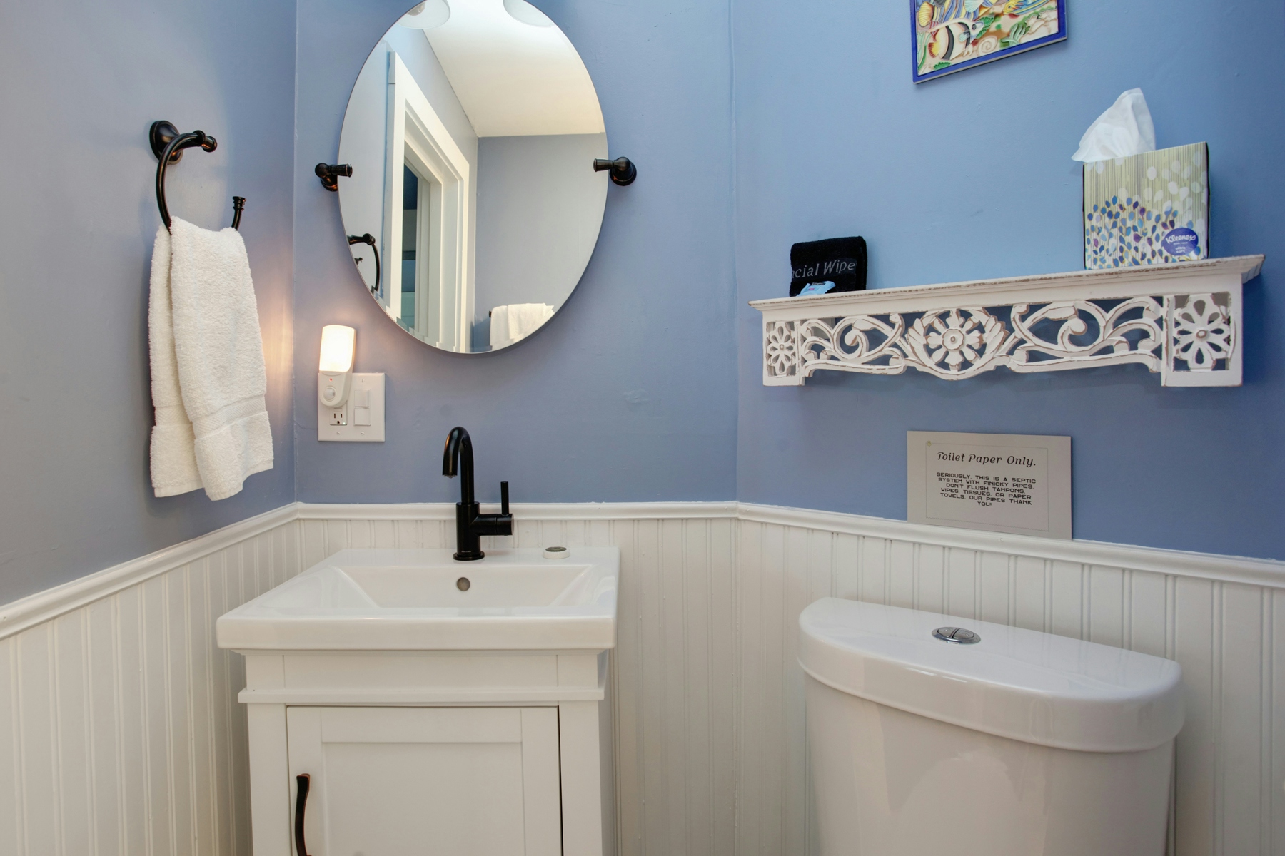 Bathroom with blue walls and white wainscoting, sink, toilet, and decorative shelf