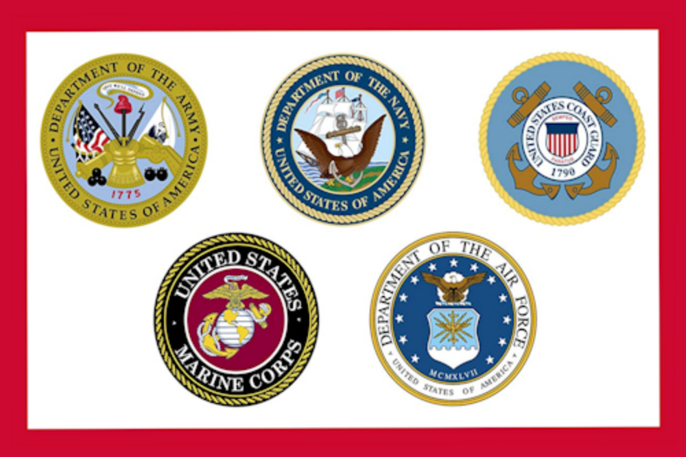 Insignias of all branches of US government in a red out line box